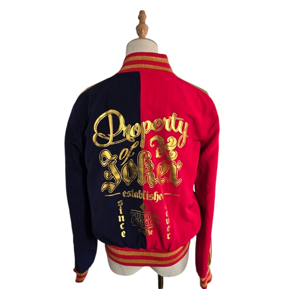 Suicide Squad Harley Quinn Red & Navy Bomber Jacket with Gold Trim